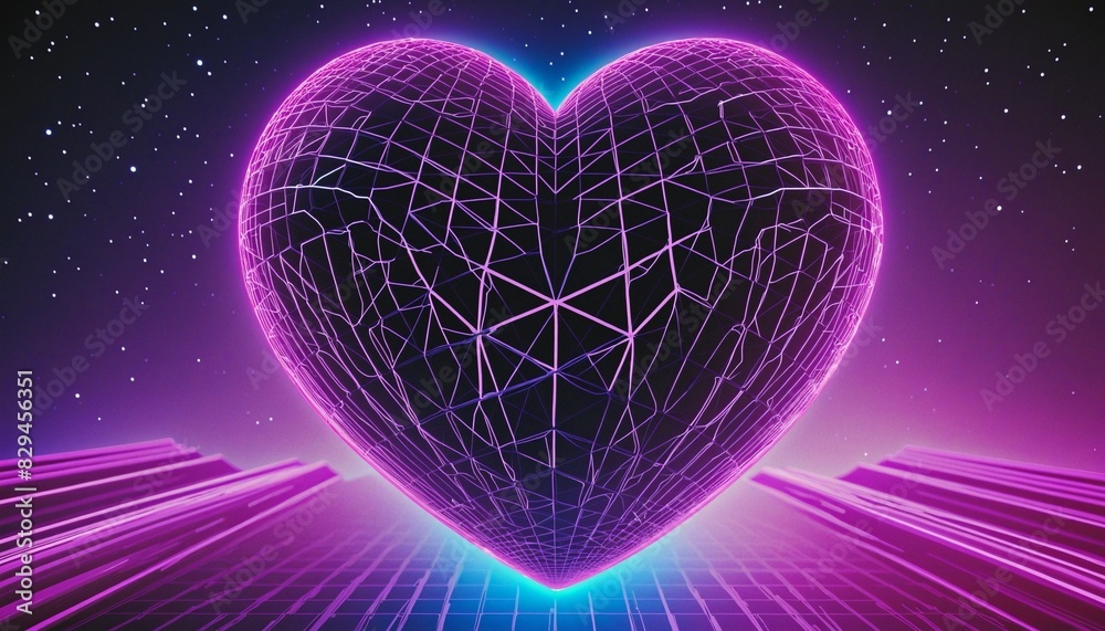 Heart shape with Synthwave wireframe, eternal love Heart shape with Synthwave wireframe, eternal love