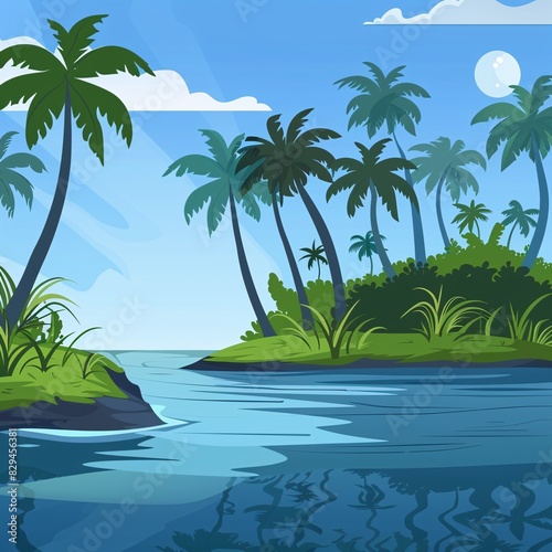 A tropical landscape of jungle on a sea beach with jungle trees and grass silhouetted in the water. Modern cartoon illustration of an exotic island with a shoreline on the ocean.