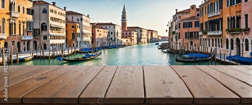 wooden plank with view on a beautiful canal with buildings