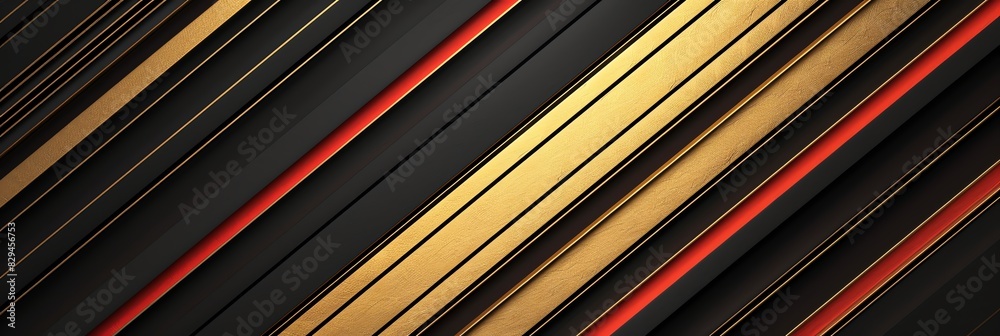 Obraz premium black, gold and Red three-dimensional striped background, triangle/rectangle, black backgroundaspect ratio 3:1, for banner, landing page, website