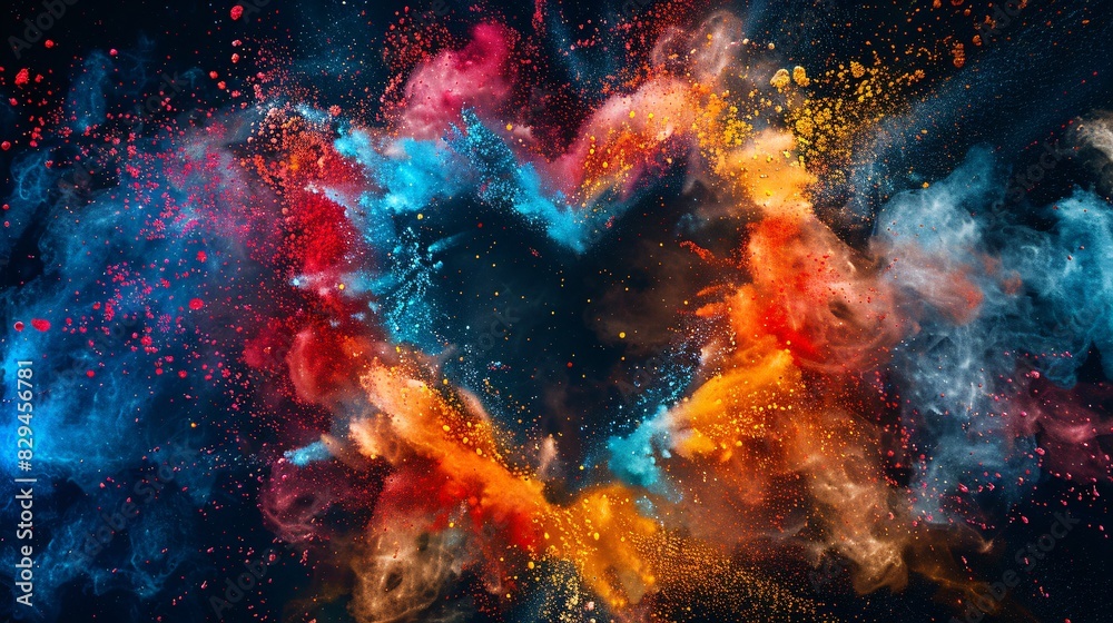 Fototapeta premium An explosion of colors, forming the shape of an open heart in space. The center is a burst of red and blue powder with yellow edges, creating depth and contrast against a black background. This
