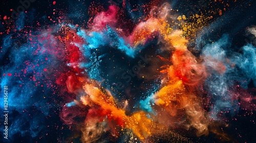 An explosion of colors, forming the shape of an open heart in space. The center is a burst of red and blue powder with yellow edges, creating depth and contrast against a black background. This