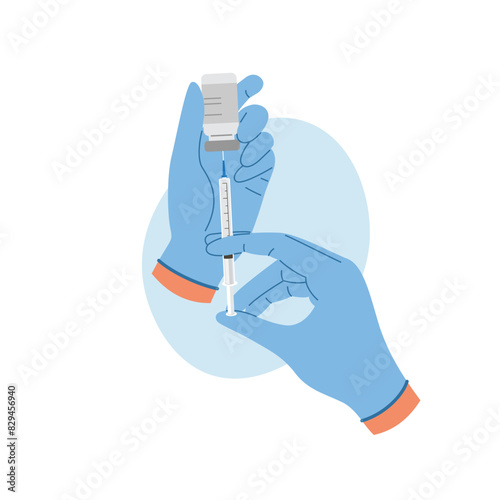 Doctor hand in gloves with syringe with vaccine liquid. Nurse hand in medical gloves hold syringe and ampoule with medicine. Vaccination concept