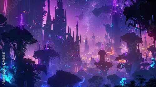 A surreal  alien cityscape bathed in the soft glow of bioluminescent flora  where towering spires pierce the night sky like beacons of light.