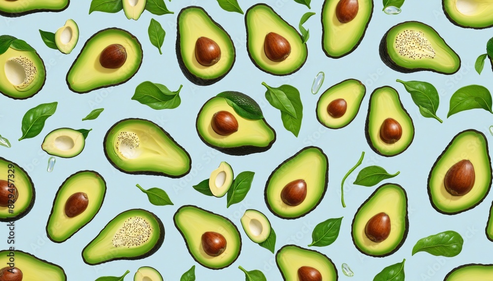 Studio image of sliced fresh avocados, illustration graphic Studio image of sliced fresh avocados, illustration graphic