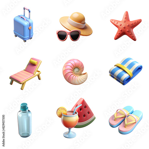 Summer 3d realistic render icon set. cocktail, piece of watermelon, sunglasses, starfish, suitcase, sun bed, beash towel, bottle of water, shell, starfish, beach flip flops.