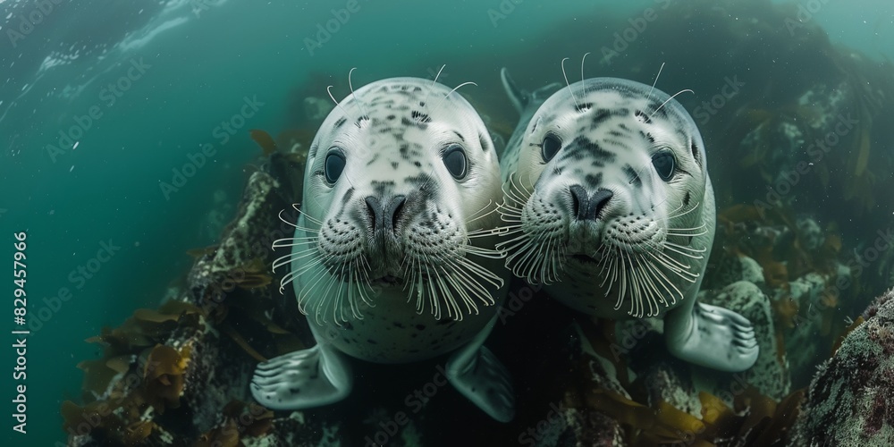 In the tranquil ocean depths, a curious seal couple playfully pose together underwater. In the tranquil ocean depths, a curious seal couple playfully pose together underwater.
