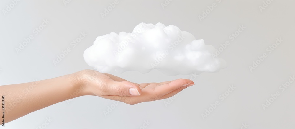 A hand grasping a cloud set against a white backdrop with ample copy space
