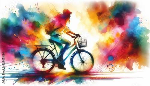 Woman riding bicycle in colorful watercolor painting with splashes of vibrant colors in the background