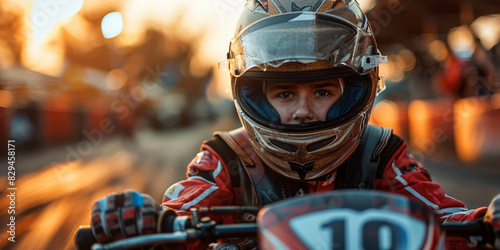 A young motorcyclist in helmet races on a track, exuding the thrill of speed.