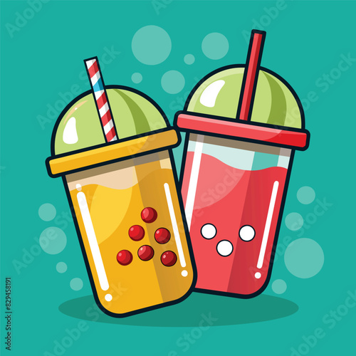 Set of Bubble Tea or Coffee and milk Drinks. Boba Yummy Beverages Plastic Cups with Straw, Cartoon Vector Illustration