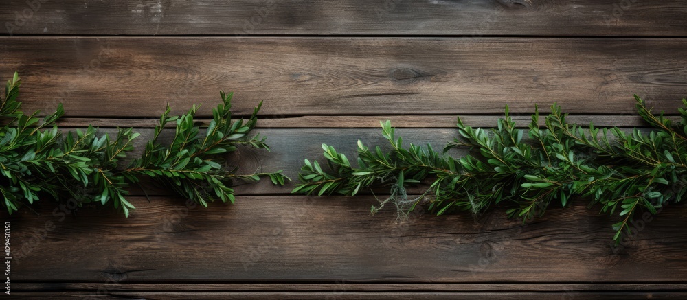 Top view of Christmas fir branches decorated on an old wooden background creating a visually appealing copy space image Top view of Christmas fir branches decorated on an old wooden background creating a visually appealing copy space image