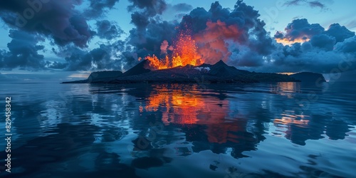 An island volcano erupts, spewing lava and smoke into the ocean, creating a fiery landscape. photo