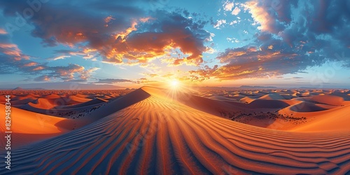 As the sun rises over the desert, golden sands and dunes create a stunning landscape under an orange sky.