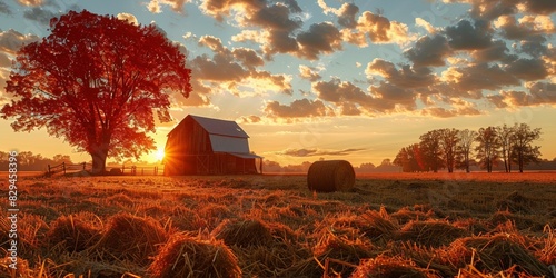 In the tranquil farmland, bales of hay dot the golden landscape under the vibrant hues of a summer sunset. photo