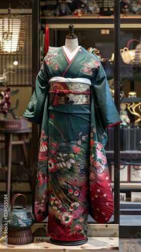 A kimono with a floral pattern and a red obi sash © Du
