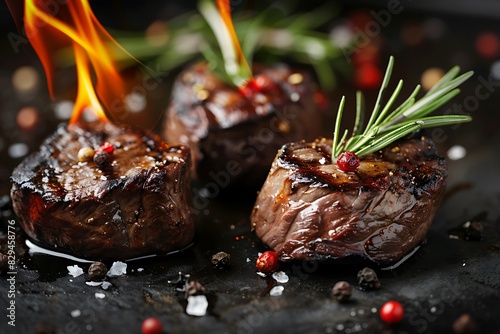 Serve grilled beef on fire background.