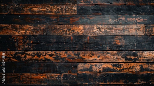  A tight shot of wooden planks, painted orange and black Top and bottom edges bear brown streaks from the paintbrush