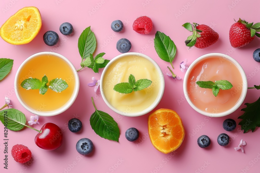 Top view set of vegetable and fruit puree, baby food Top view set of vegetable and fruit puree, baby food
