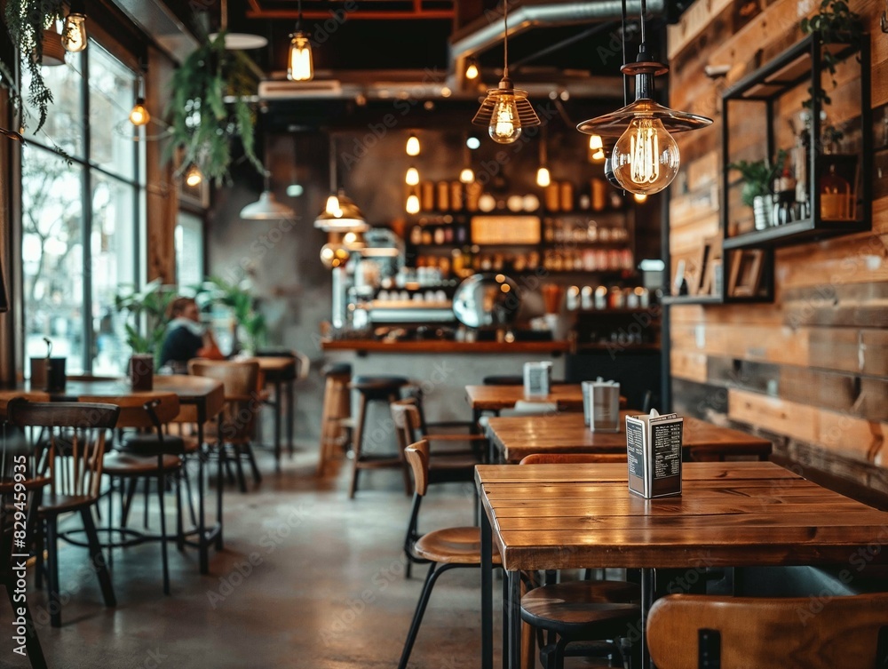 Industrial-style cafe with exposed brick walls and wooden furniture.