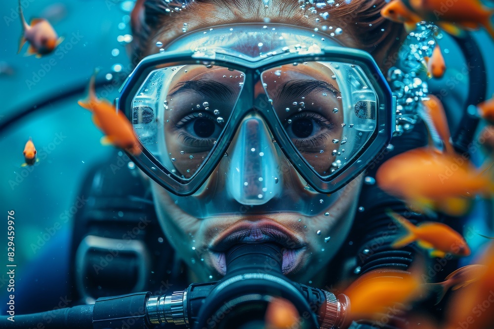 Close-up of a woman diver underwater Close-up of a woman diver underwater