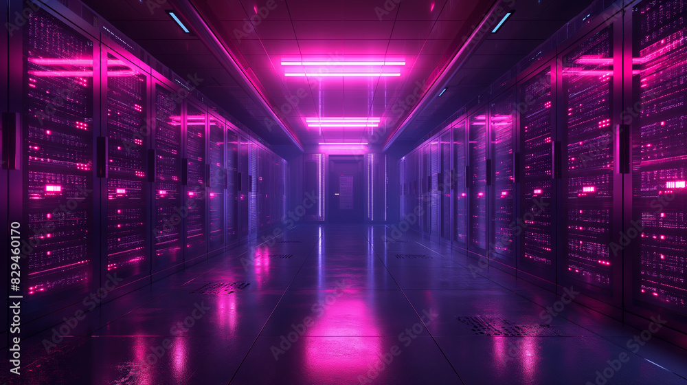 Server room, Data center with operational server racks. Concept: Modern telecomunication, AI, Supercomputer technology