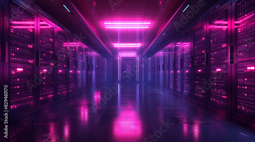 Server room, Data center with operational server racks. Concept: Modern telecomunication, AI, Supercomputer technology