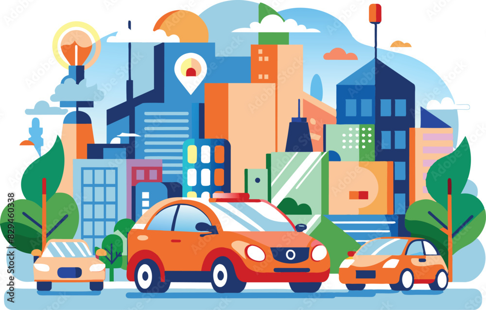 AdoDriving car in city, flat illustration, vector illustration.