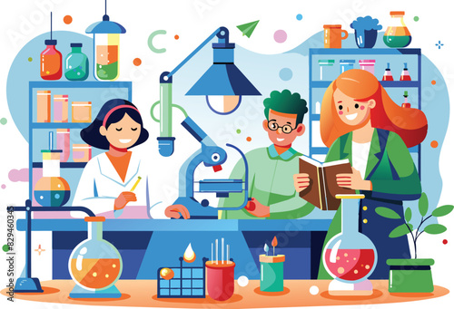 Laboratory with researchers at work, flat illustration, vector illustration.