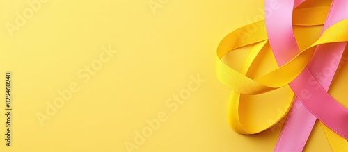 Beautiful pink ribbon on yellow background top view Space for text. copy space available