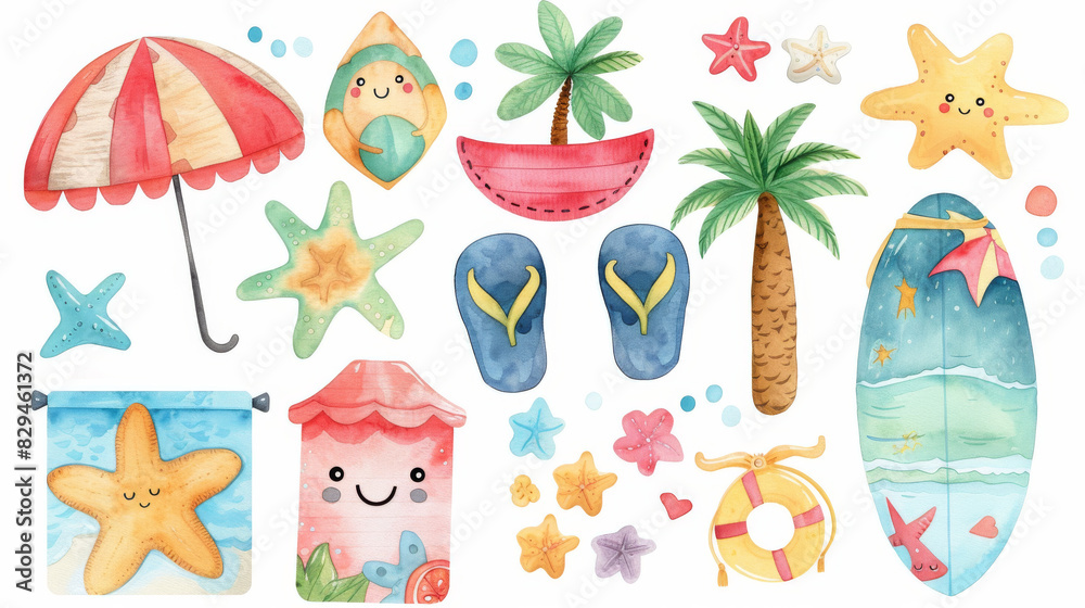 Fototapeta premium Playful watercolor illustration collection of beach-themed items including a pineapple, umbrella, and surfboard.