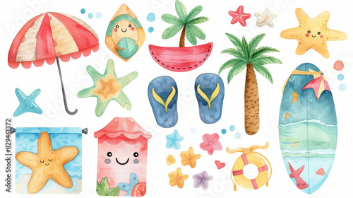 Playful watercolor illustration collection of beach-themed items including a pineapple, umbrella, and surfboard.