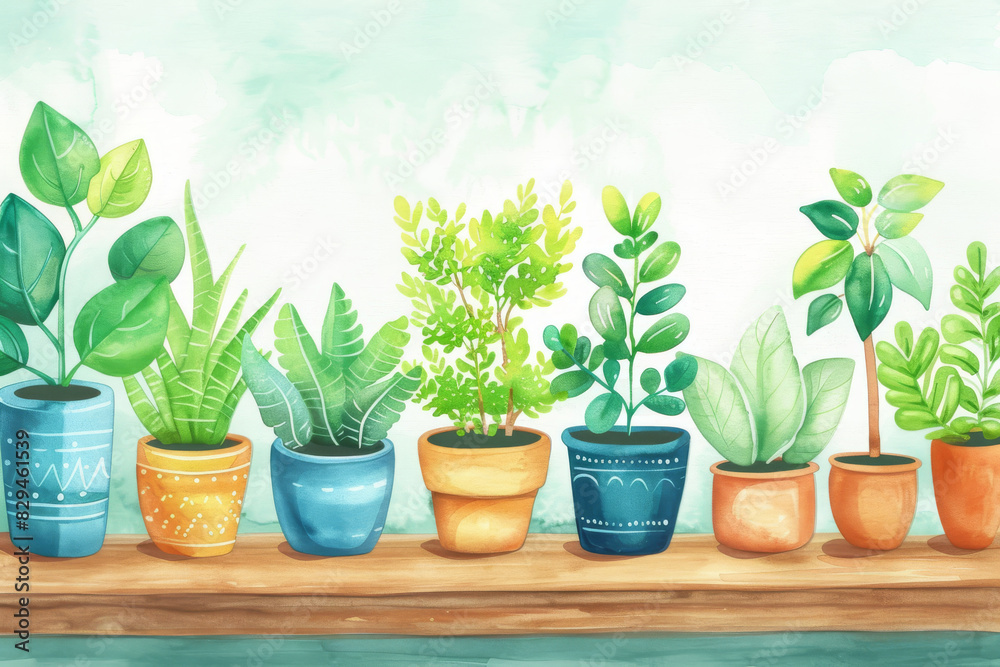 A row of potted plants on shelf, houseplant container garden watercolor painting A row of potted plants on shelf, houseplant container garden watercolor painting
