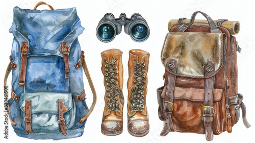 A set of watercolor illustrations of camping gear, including a backpack, boots and binoculars, outdoor activities concept