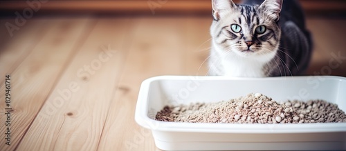 Clean Cat litter in a litter tray Background of white bentonite fresh cat. copy space available photo