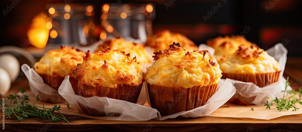 Homemade Cheddar Muffins In Paper Cases Wooden Table. copy space available