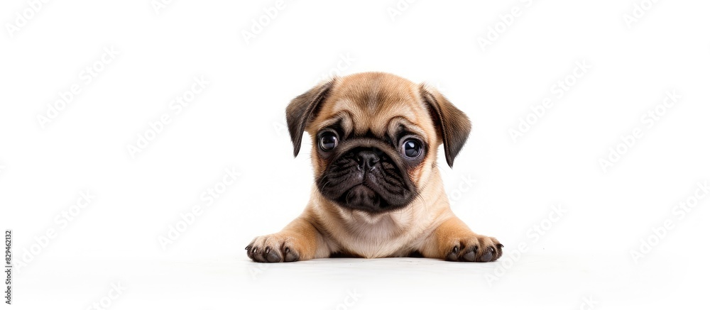 Cute little Pug puppy sitting on a white background. copy space available Cute little Pug puppy sitting on a white background. copy space available
