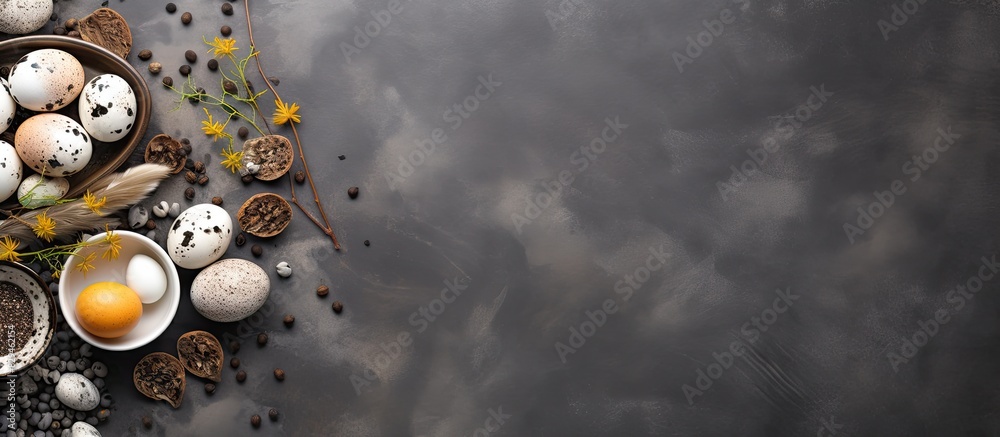 Fototapeta premium Top view of a grey table with a plate full of peeled hard boiled quail eggs Ideal for adding text as a copy space image