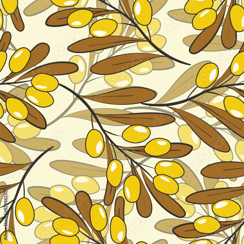 Seamless pattern with sea buckthorn. Natural fresh ripe tasty berries. Vector illustration for background, packaging, textile, fabric and various other designs
