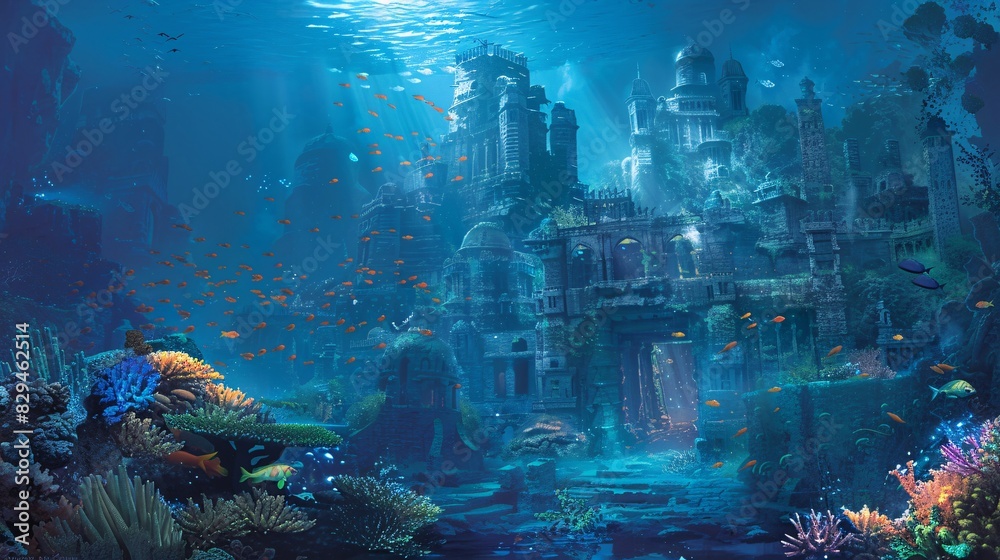 Illustrate an underwater city built within a vibrant coral reef, home to merfolk and other aquatic beings game art Illustrate an underwater city built within a vibrant coral reef, home to merfolk and other aquatic beings game art