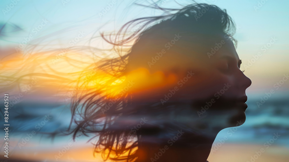 Double exposure of a woman's profile with a sunset beach scene, capturing serene beauty and the tranquility of the ocean. Double exposure of a woman's profile with a sunset beach scene, capturing serene beauty and the tranquility of the ocean.