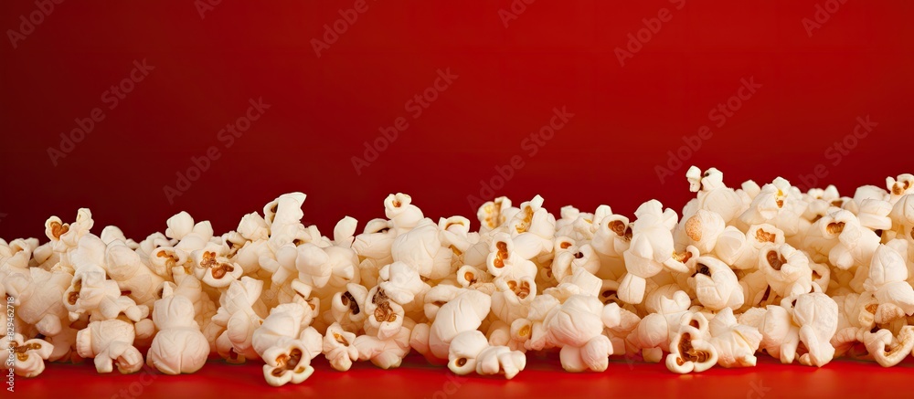 Close up of popcorn on a red background Macro. copy space available Close up of popcorn on a red background Macro. copy space available