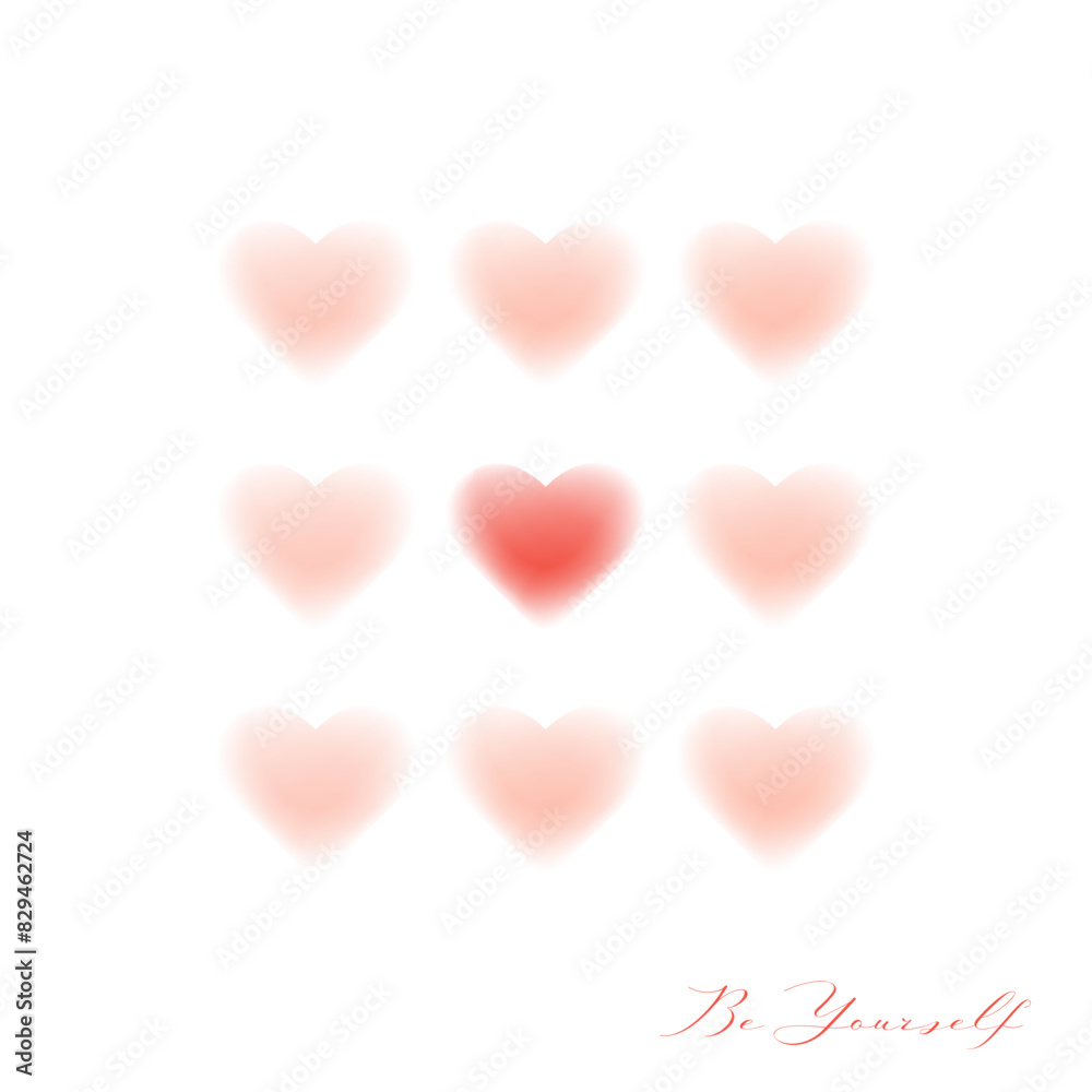 Cute Card with Blurred Hearts and Lettering. Love yourself, self care, self acceptance concept. One Heart Stands Out Among Rest. Aesthetic symbol, logo. Vector postcard, valentines card. Cute Card with Blurred Hearts and Lettering. Love yourself, self care, self acceptance concept. One Heart Stands Out Among Rest. Aesthetic symbol, logo. Vector postcard, valentines card.
