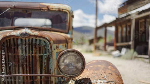 Through the lens we see a hauntingly beautiful rusted car abandoned long ago in the center of a dusty main street.