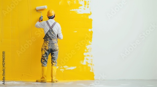Sideview of worker holing a brush and painting a yellow wall © hellozeto studio