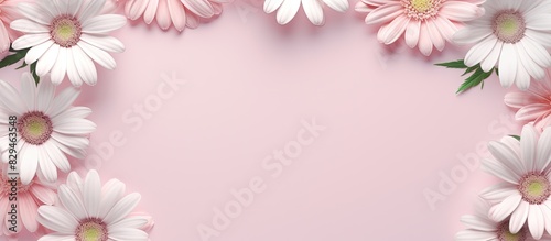 A frame background in pastel pink featuring daisy flowers and leaves in a flat lay arrangement Perfect for spring or summer social media mockups with available copy space