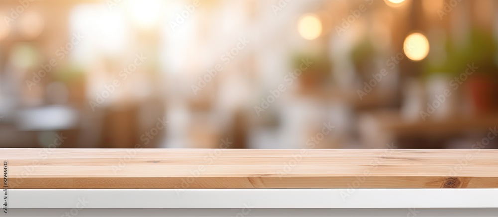 A white table is presented on a desk against a blurred background The wood counter is empty and sits on a shelf surface The background is a white bokeh of a restaurant This wood table top can be used A white table is presented on a desk against a blurred background The wood counter is empty and sits on a shelf surface The background is a white bokeh of a restaurant This wood table top can be used