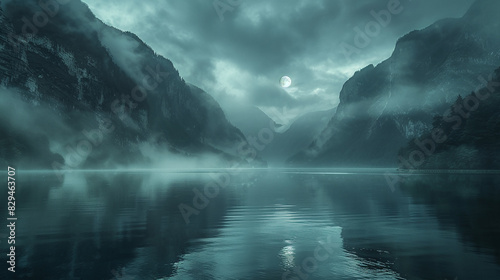 A tranquil, mist-shrouded lake nestled amidst towering mountains, where the surface of the water is as smooth as glass beneath the shimmering light of the moon.