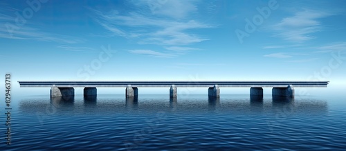 A copy space image showing a square frame beam bridge crossing over a scenic blue lake with its deck being supported by abutments or piers