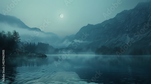 A tranquil  mist-shrouded lake nestled amidst towering mountains  where the surface of the water is as smooth as glass beneath the shimmering light of the moon.